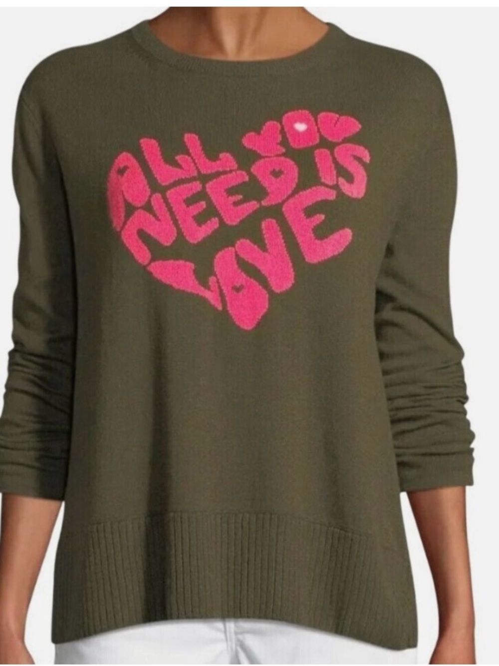 Lisa Todd All You Need Is Love Cotton Cashmere Sweater Green Pink Heart Beatles